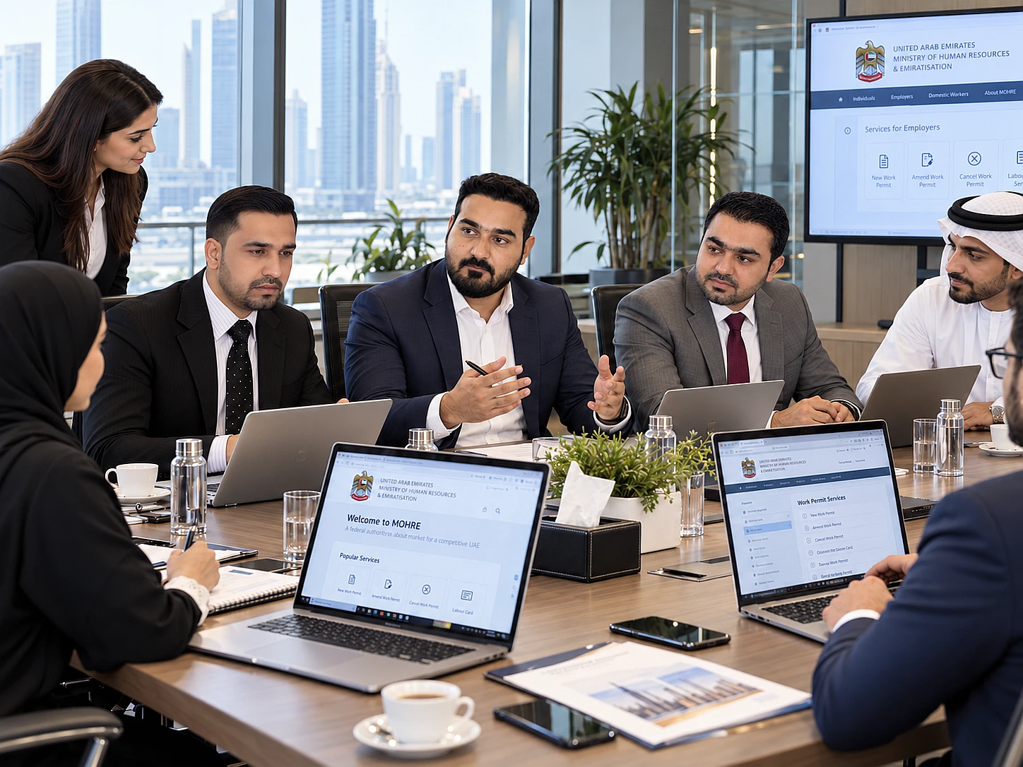 Team meeting to coordinate corporate services and client requirements